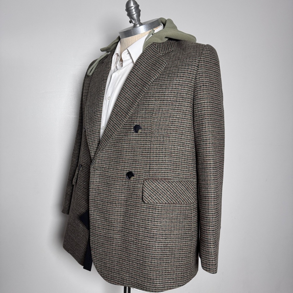 Mina Self Blazer Mens XL Green Grid Wool Blend Double Breasted Peak Lapel 23QDYT